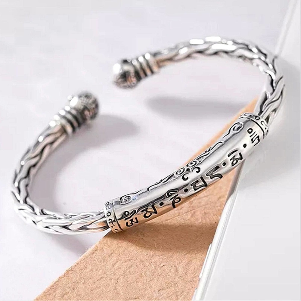 Vintage Chinese Cuff Sterling Silver Bangle Bracelet